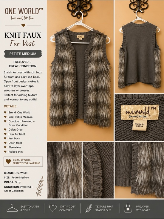 ONE WORLD Jackets & Blazers - One World Knit Faux Fur Vest Brown & Gray Petite Medium Preloved